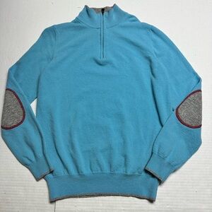 FIUME 1/4 Zip Wool Jumper Sweater In Blue, Elbow Patch Fits Like Small/Medium